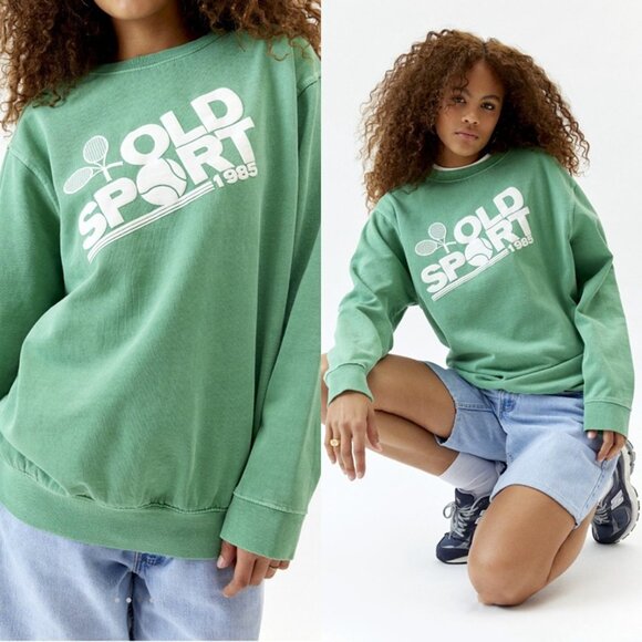 URBAN OUTFITTERS Old Sport 1985 Puff Paint Pullover Sweatshirt in Green (L/XL) - Picture 1 of 12